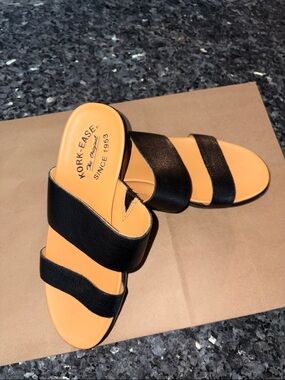 Kork-Ease Black Leather Double Strap Slide Sandals women’s